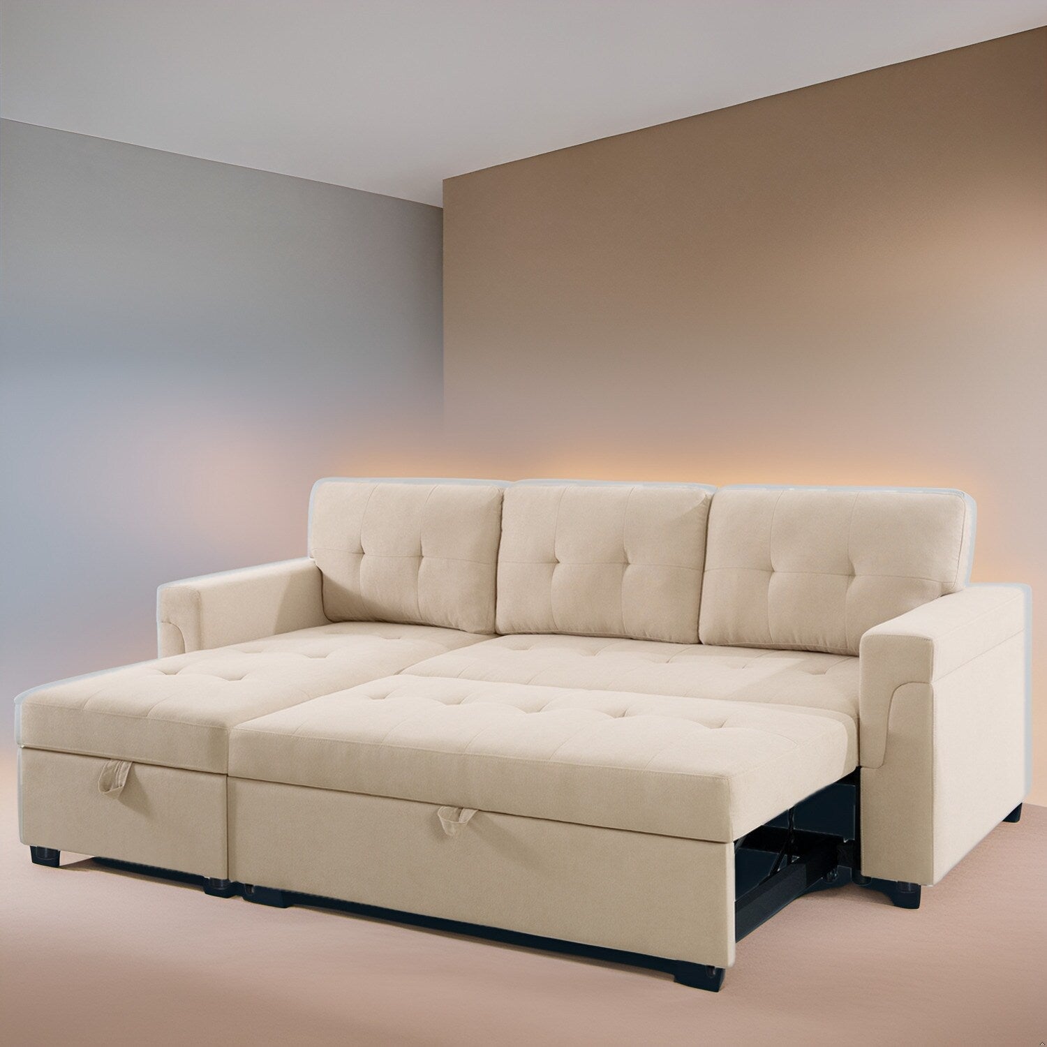 Canapé sectionnel convertible réversible avec lit gigogne, méridienne avec rangement dissimulé et pieds robustes