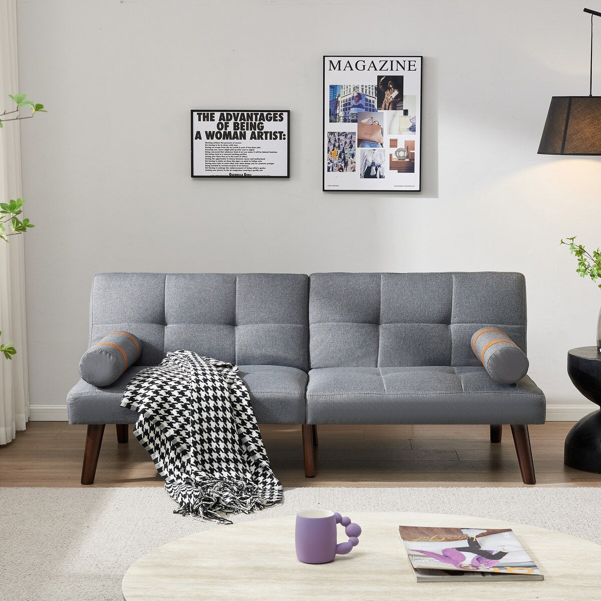 Canapé-lit futon convertible avec pieds en bois massif et tissu lin gris