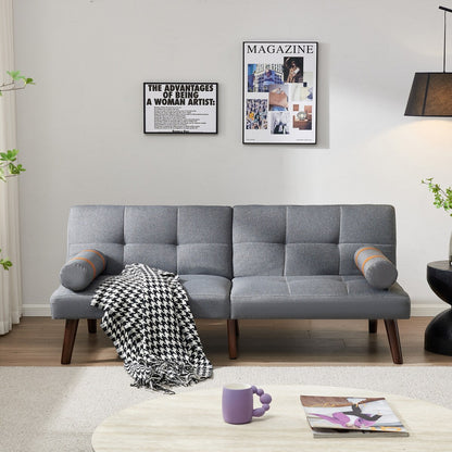 Canapé-lit futon convertible avec pieds en bois massif et tissu lin gris