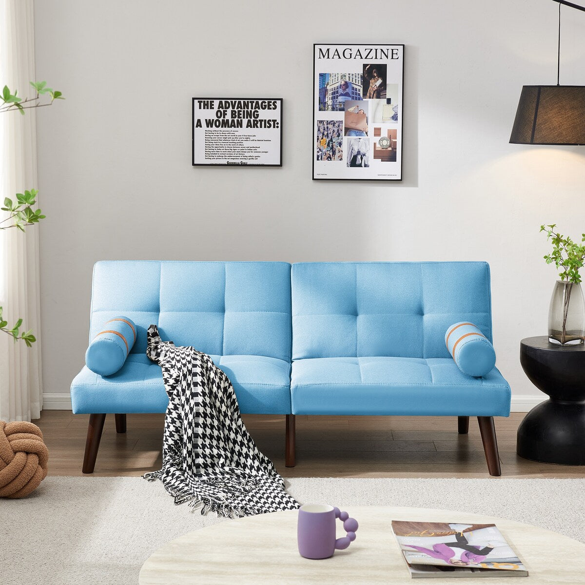 Canapé-lit futon convertible avec pieds en bois massif et tissu lin gris