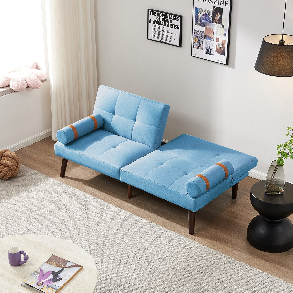Canapé-lit futon convertible avec pieds en bois massif et tissu lin gris