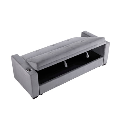 Canapé convertible, dossier en velours capitonné gris, ports de chargement USB, 84 pouces