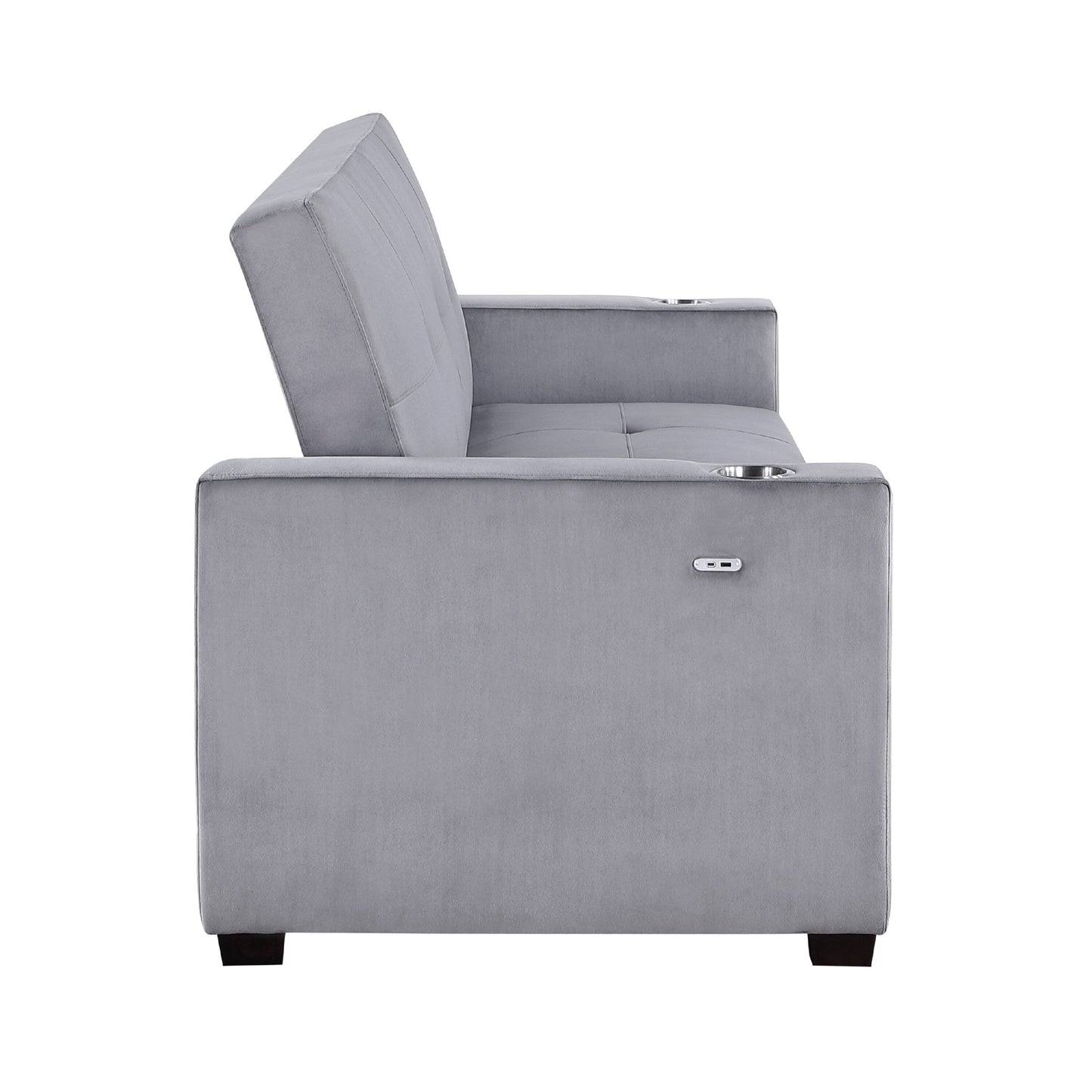 Canapé convertible, dossier en velours capitonné gris, ports de chargement USB, 84 pouces