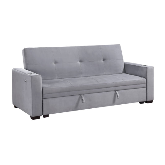 Canapé convertible, dossier en velours capitonné gris, ports de chargement USB, 84 pouces