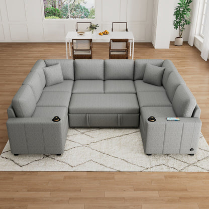Canapé sectionnel convertible en U avec lit gigogne, ports USB et porte-gobelets pour le salon