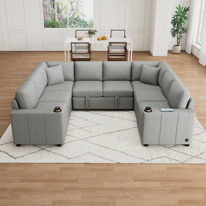 Canapé sectionnel convertible en U avec lit gigogne, ports USB et porte-gobelets pour le salon