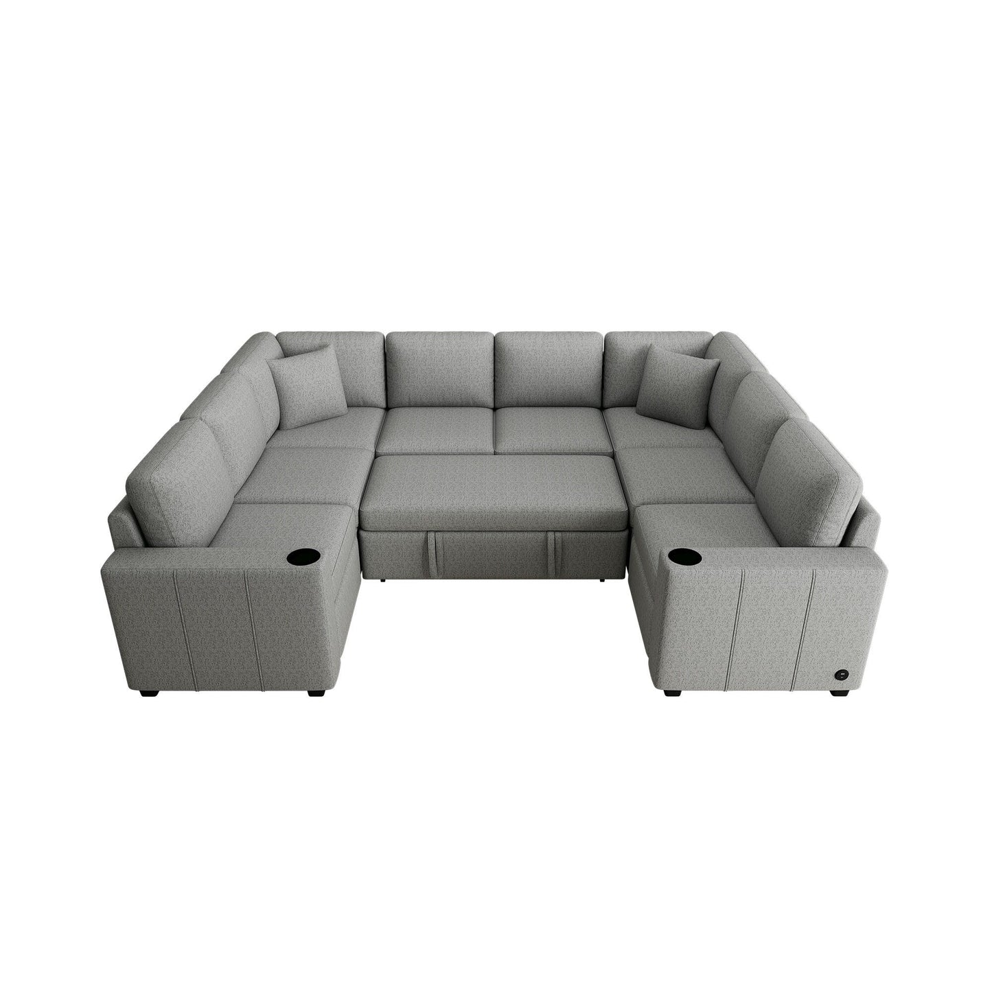 Canapé sectionnel convertible en U avec lit gigogne, ports USB et porte-gobelets pour le salon