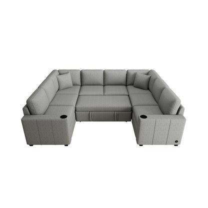Canapé sectionnel convertible en U avec lit gigogne, ports USB et porte-gobelets pour le salon