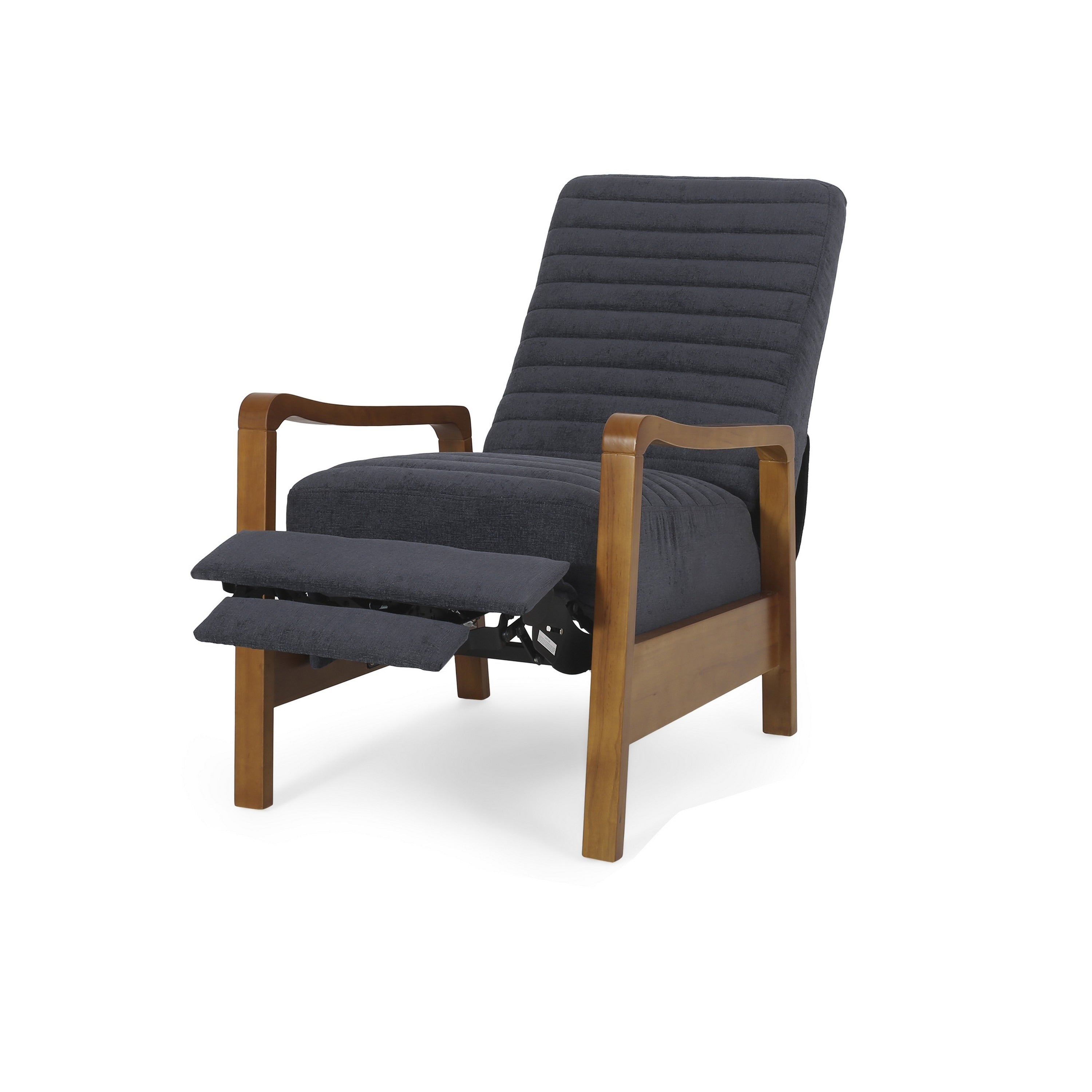Fauteuil inclinable manuel Copa, bois brun, tissu gris ardoise à coutures apparentes