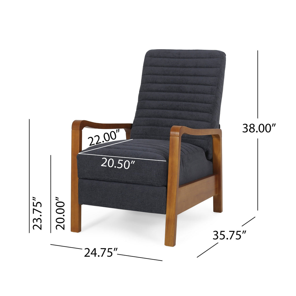 Fauteuil inclinable manuel Copa, bois brun, tissu gris ardoise à coutures apparentes
