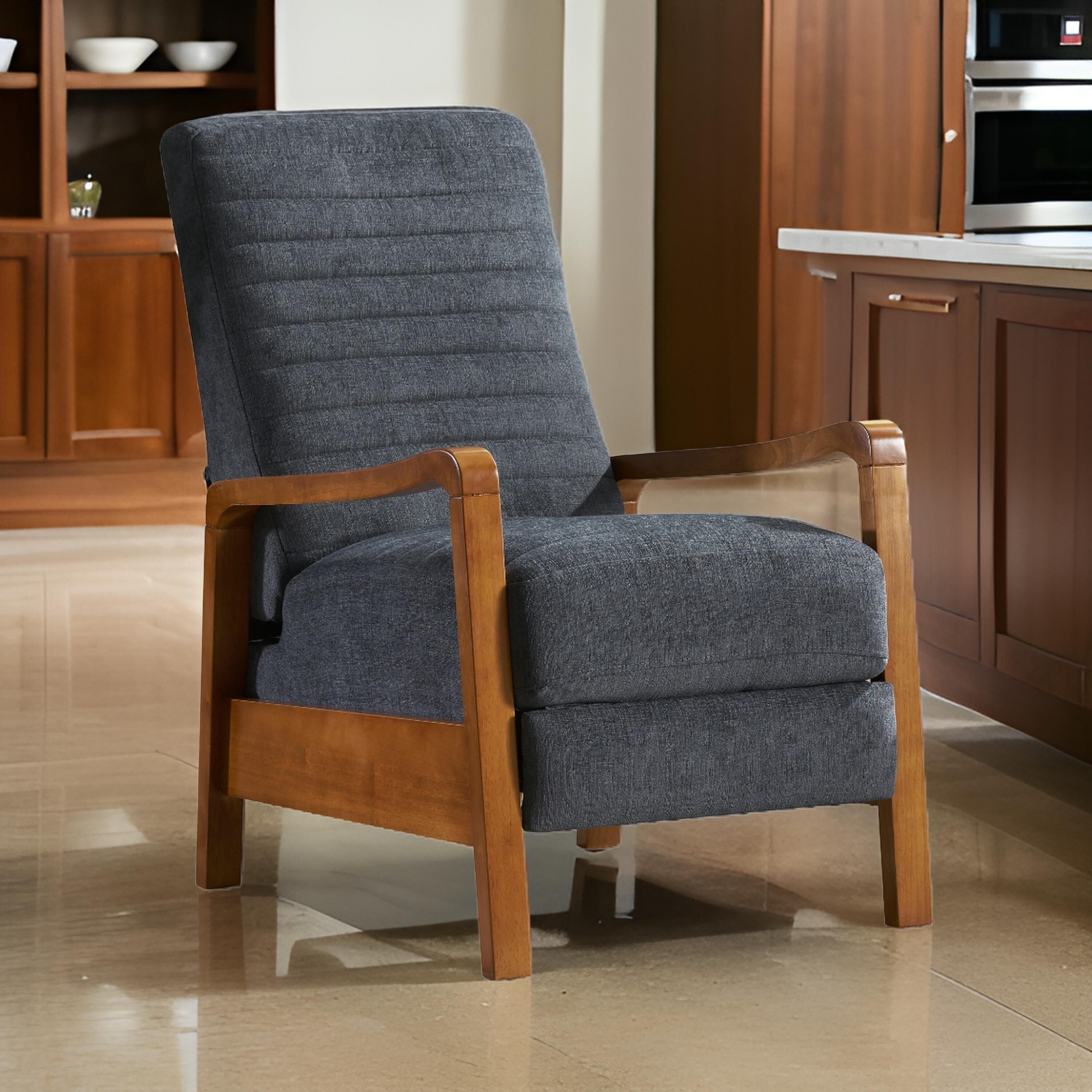 Fauteuil inclinable manuel Copa, bois brun, tissu gris ardoise à coutures apparentes