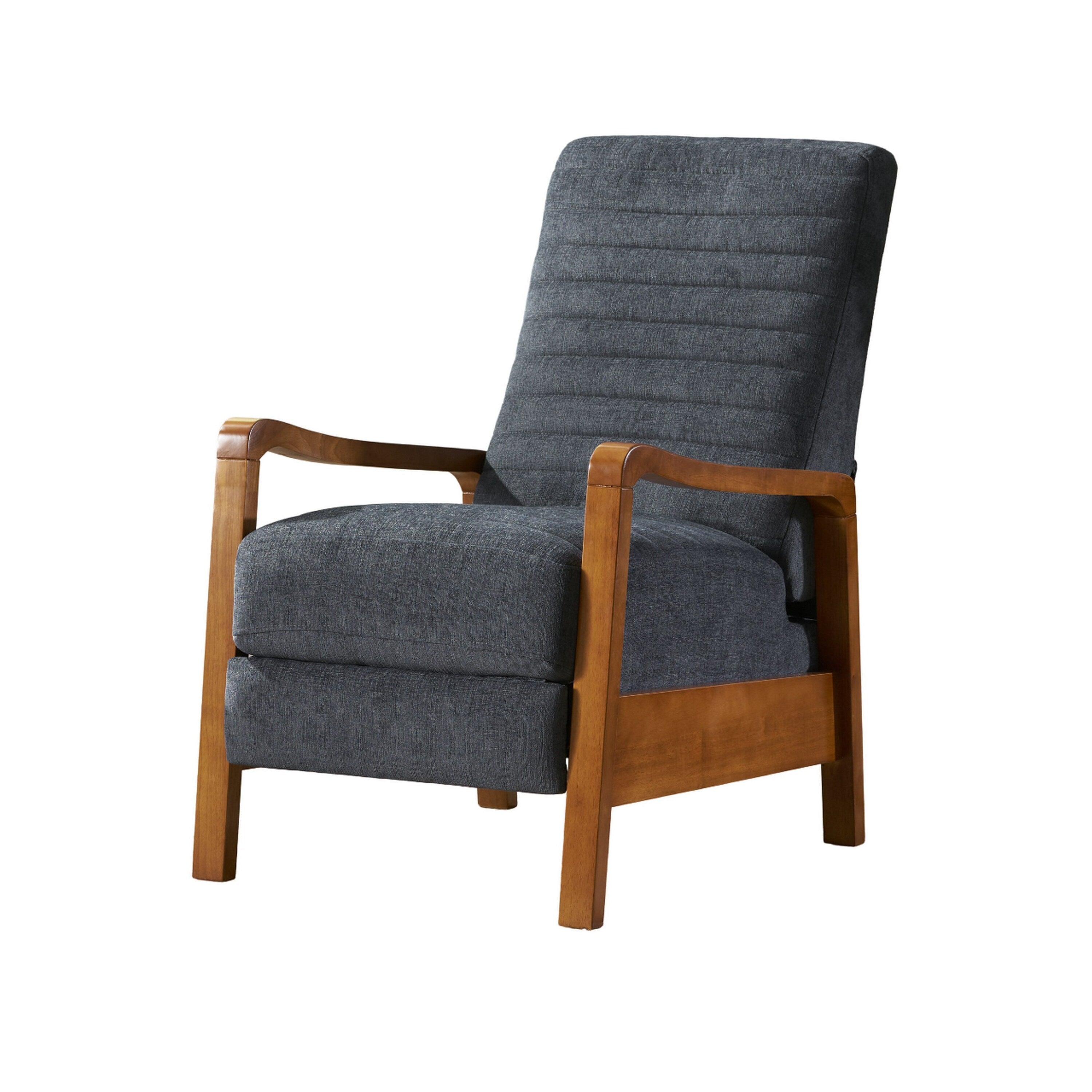 Fauteuil inclinable manuel Copa, bois brun, tissu gris ardoise à coutures apparentes