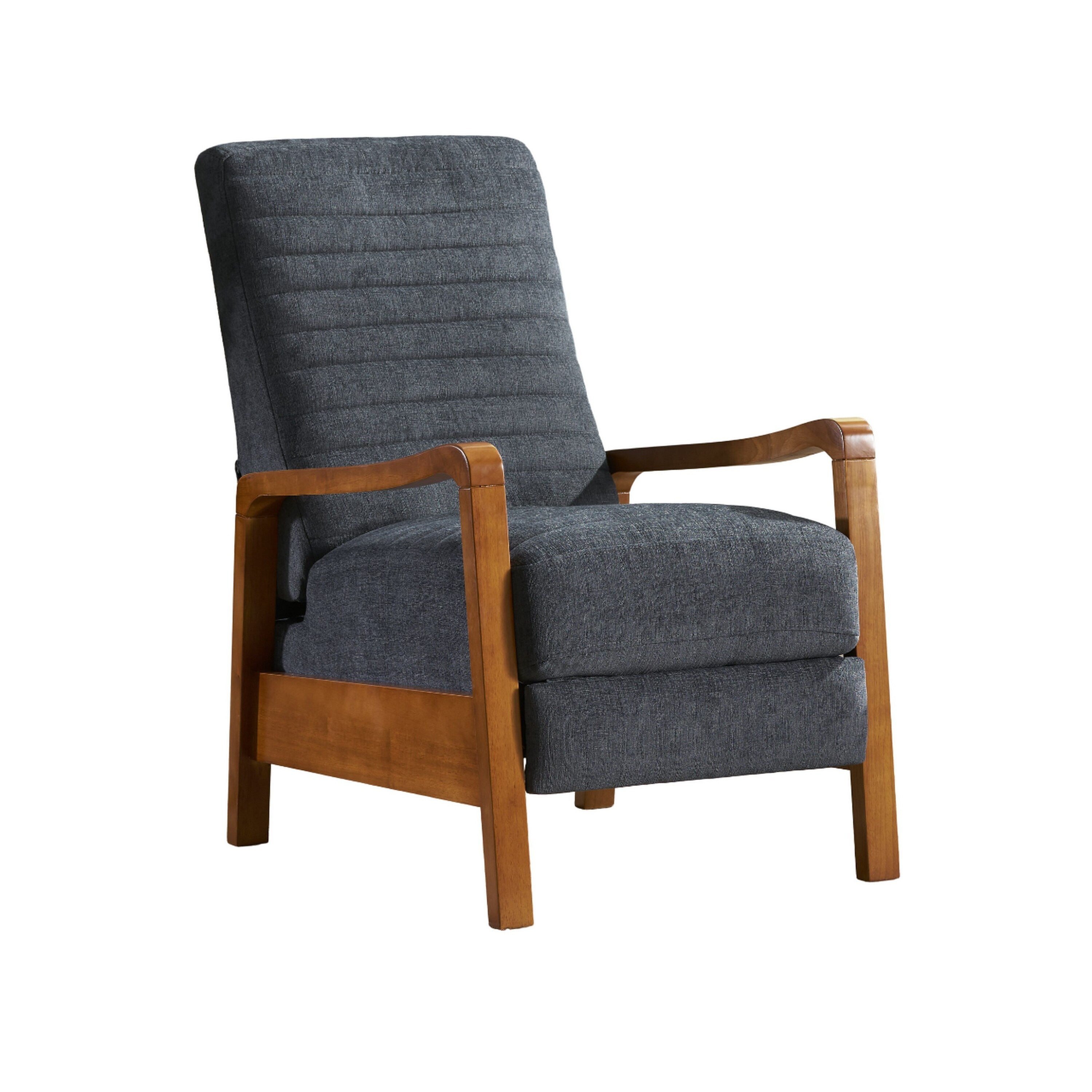 Fauteuil inclinable manuel Copa, bois brun, tissu gris ardoise à coutures apparentes