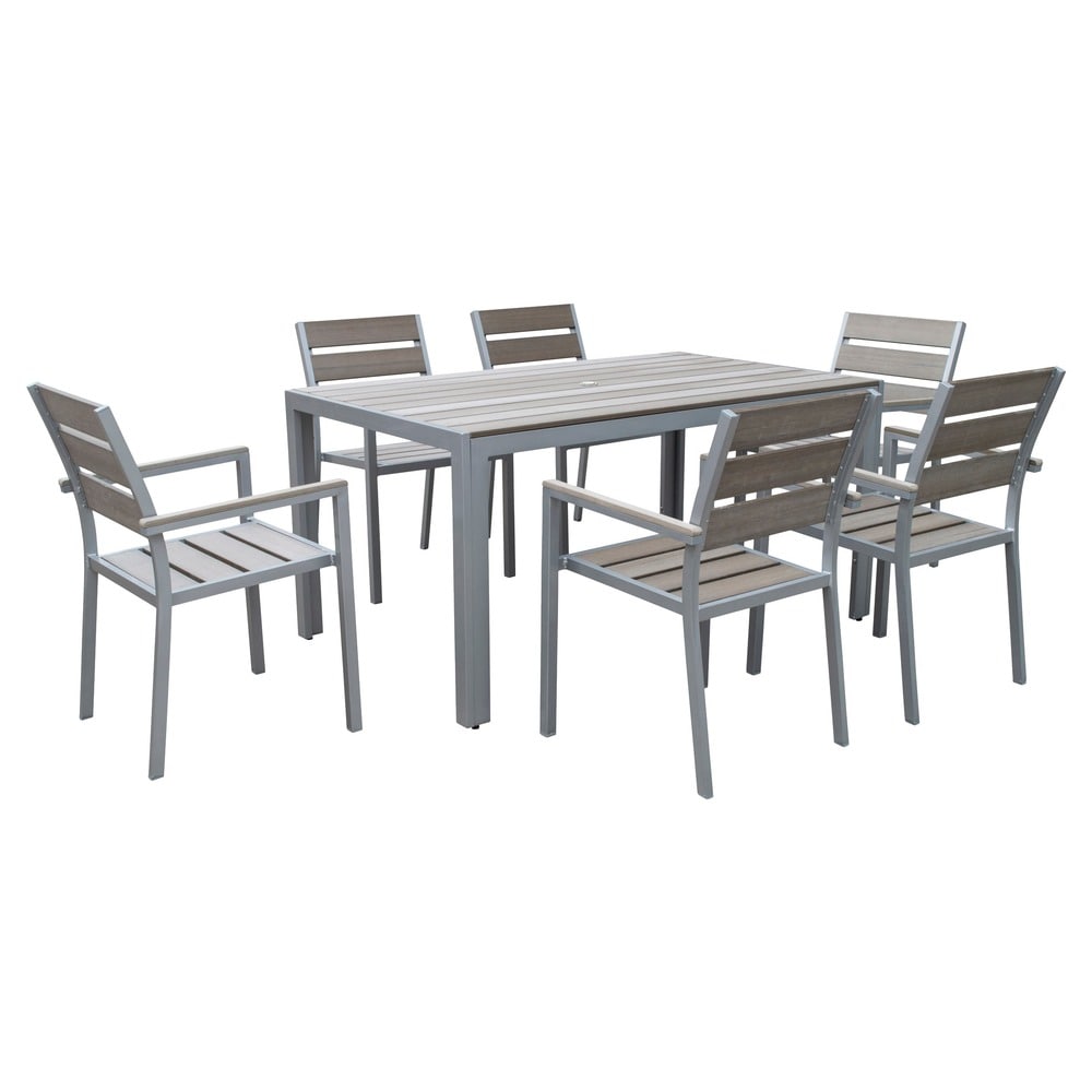 Ensemble de salle à manger d'extérieur Tumaco gris blanchi au soleil, 7 pièces, par Havenside Home