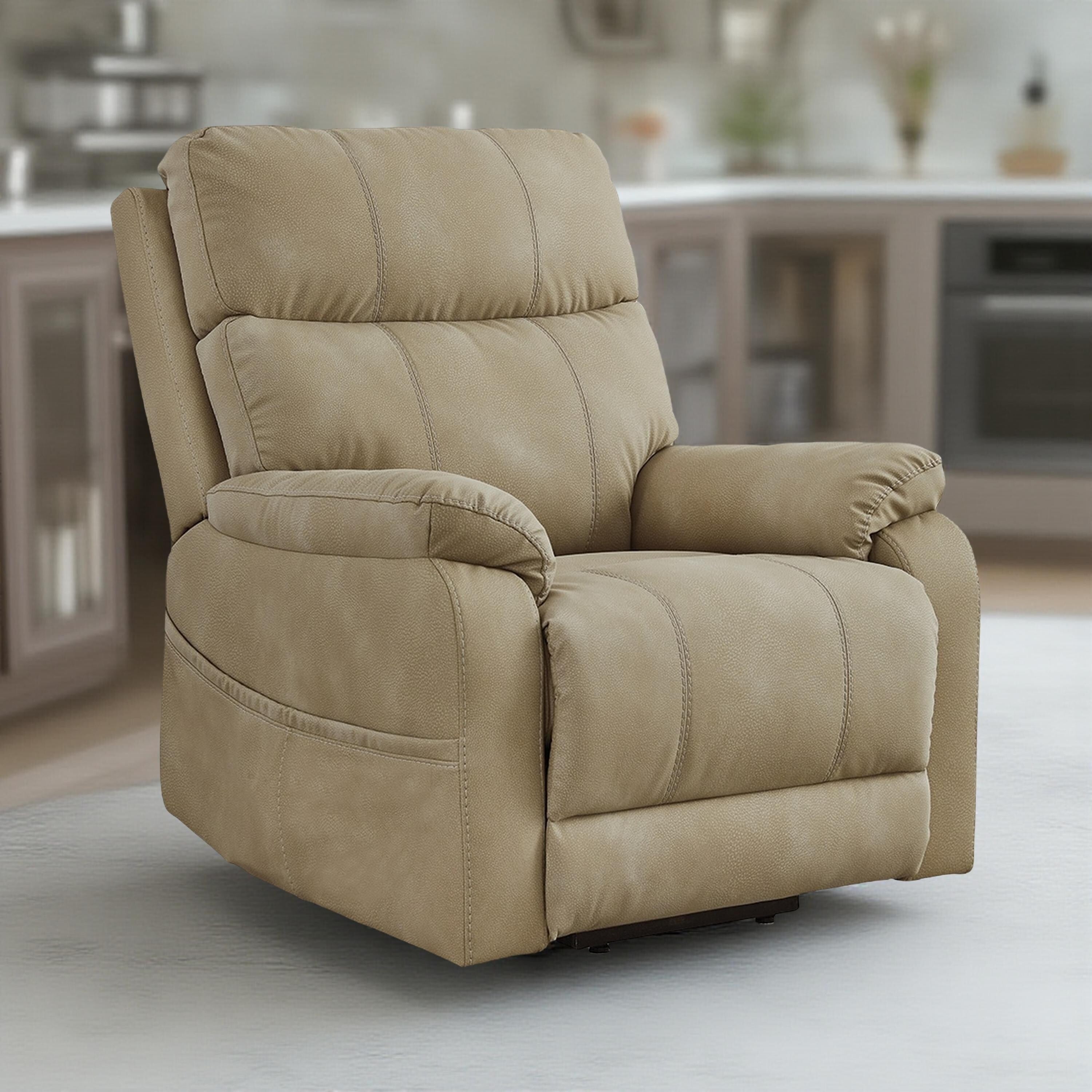 Fauteuil inclinable électrique Corbin, similicuir sable, accoudoirs coussinés
