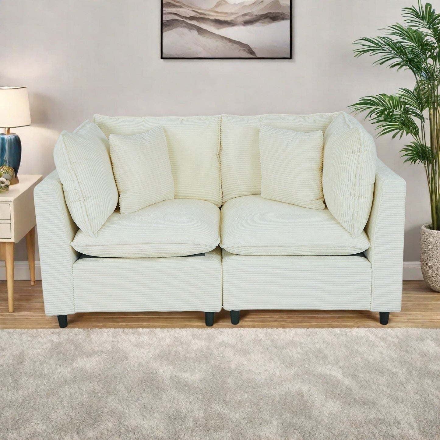 Canapé 2 places en velours côtelé avec 4 petits coussins, tissu respirant et coussins en éponge épaisse