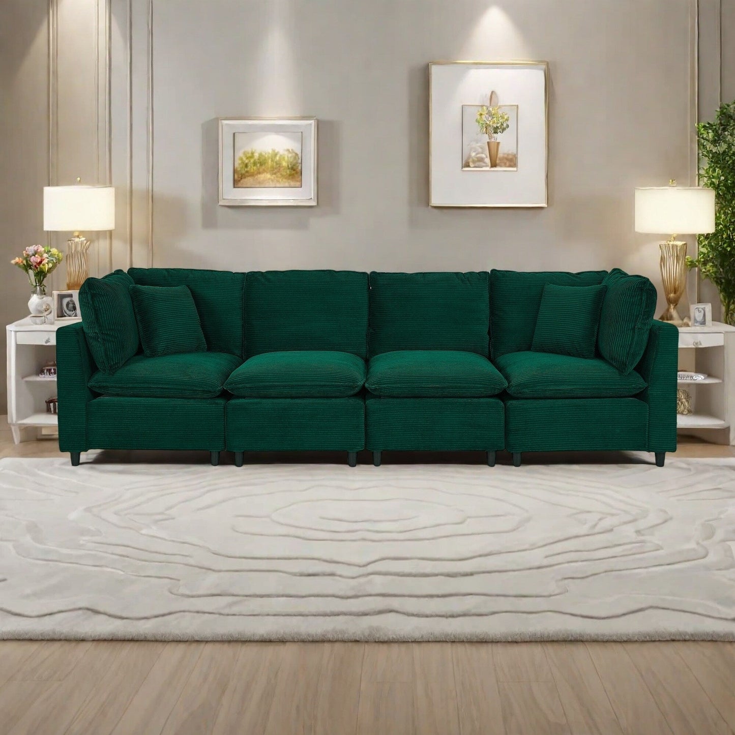 Canapé 4 places en velours côtelé avec 4 petits coussins, tissu respirant et coussins en éponge épaisse