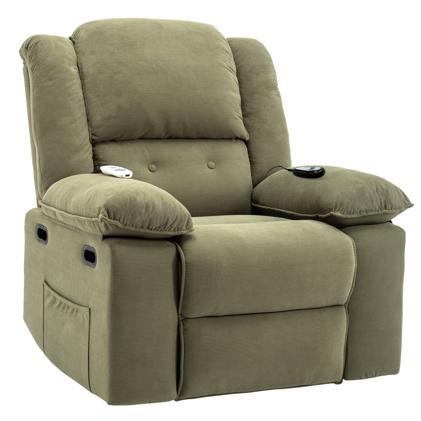 Fauteuil inclinable électrique en velours côtelé avec massage et accoudoirs extensibles