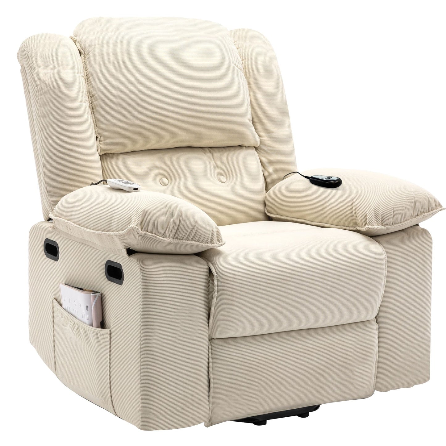 Fauteuil inclinable électrique en velours côtelé avec massage et accoudoirs extensibles