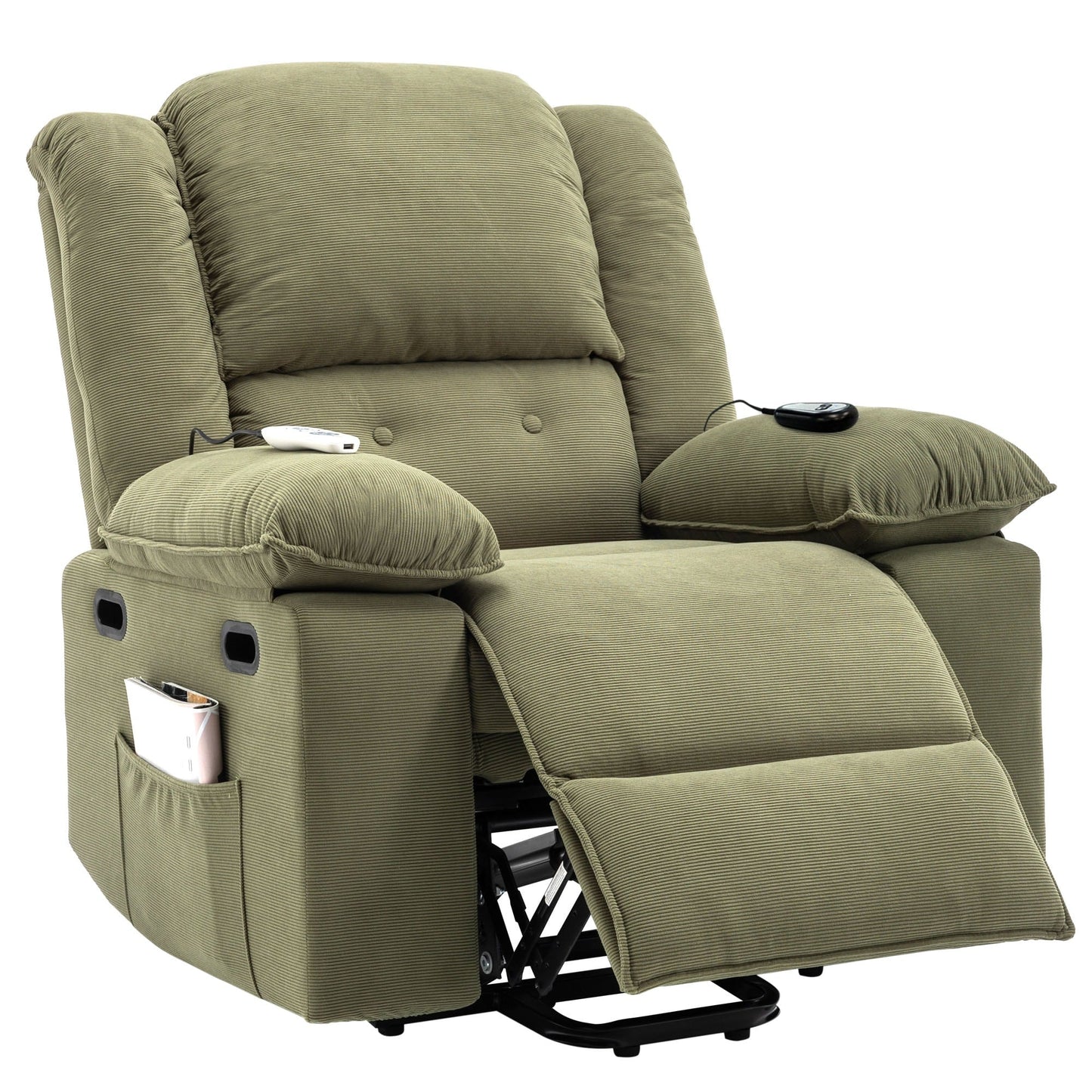 Fauteuil inclinable électrique en velours côtelé avec massage et accoudoirs extensibles