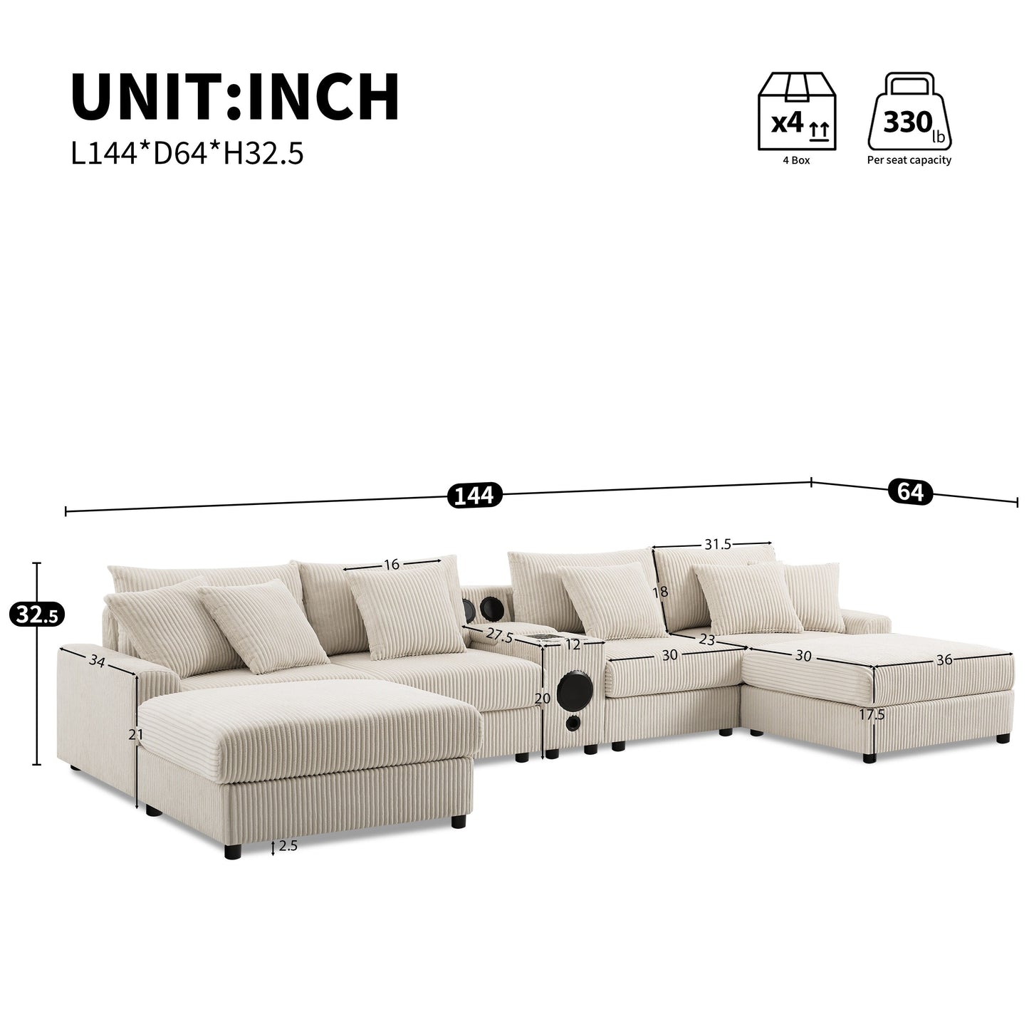 Canapé sectionnel en velours côtelé avec haut-parleurs Bluetooth, chargeur USB, porte-gobelets, rangement, pouf, assise profonde et large