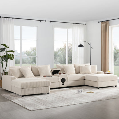 Canapé sectionnel en velours côtelé avec haut-parleurs Bluetooth, chargeur USB, porte-gobelets, rangement, pouf, assise profonde et large