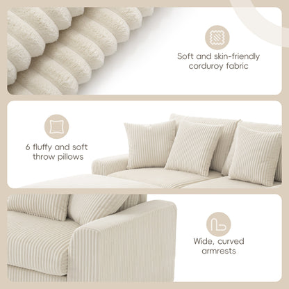 Canapé sectionnel en velours côtelé avec haut-parleurs Bluetooth, chargeur USB, porte-gobelets, rangement, pouf, assise profonde et large