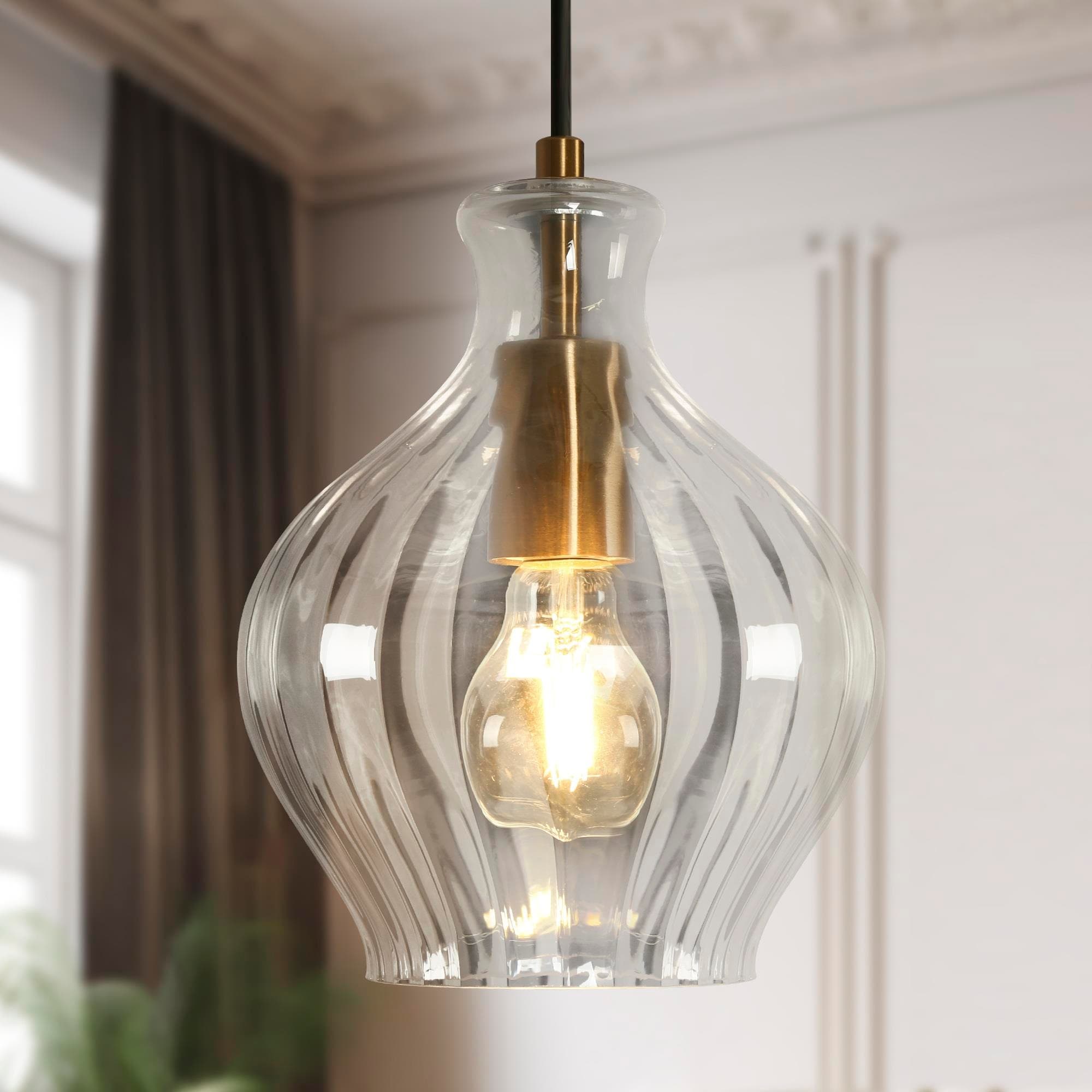 Suspension Coria en laiton moderne du milieu du siècle, 1 ampoule, chic, à intensité variable, pour îlot de cuisine, salle à manger en verre cannelé