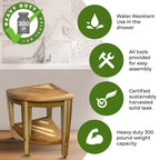 EcoDecors, Banc de douche élégant en teck, Tabouret de douche d'angle en teck, Banc de douche d'angle en teck, Avec étagère