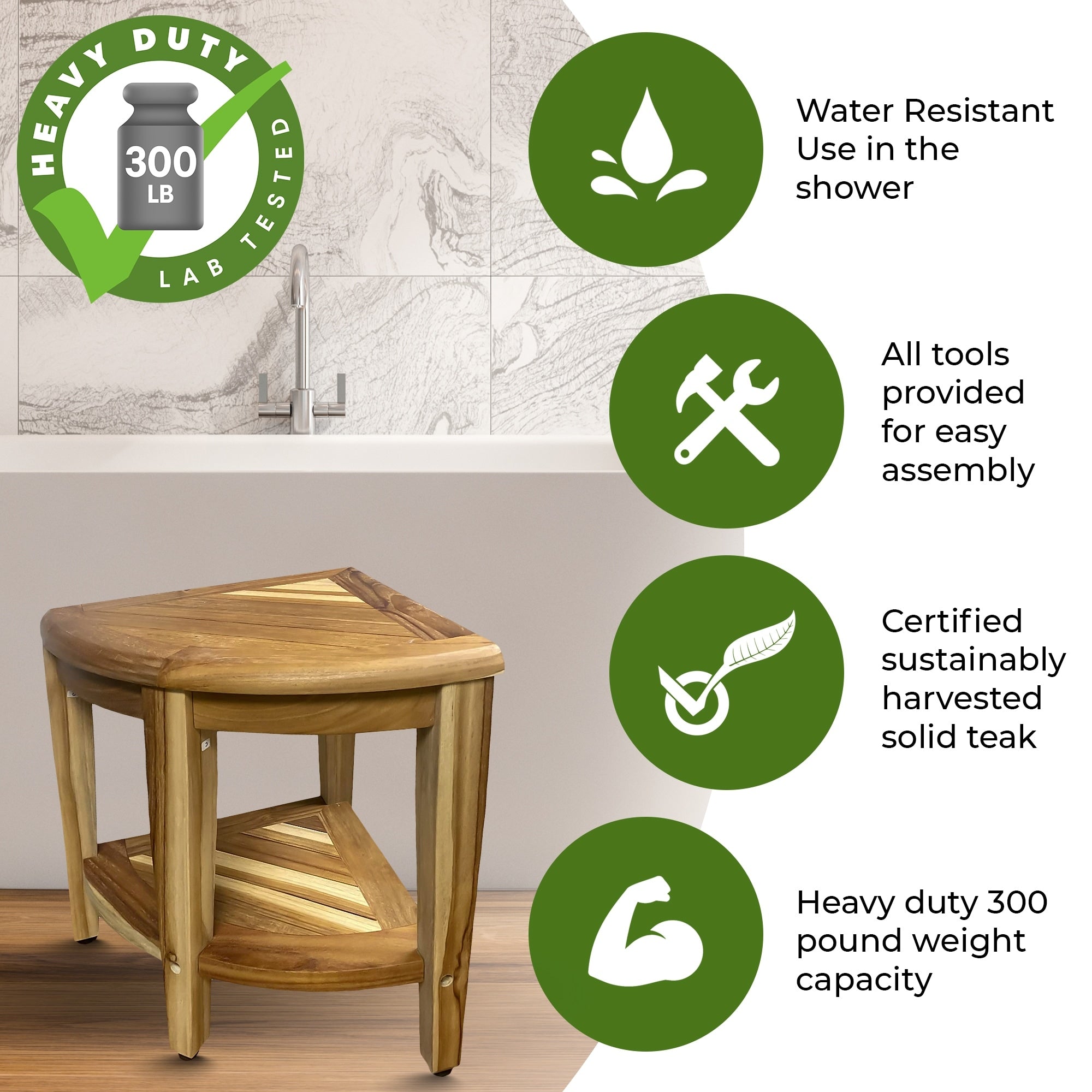 EcoDecors, Banc de douche élégant en teck, Tabouret de douche d'angle en teck, Banc de douche d'angle en teck, Avec étagère