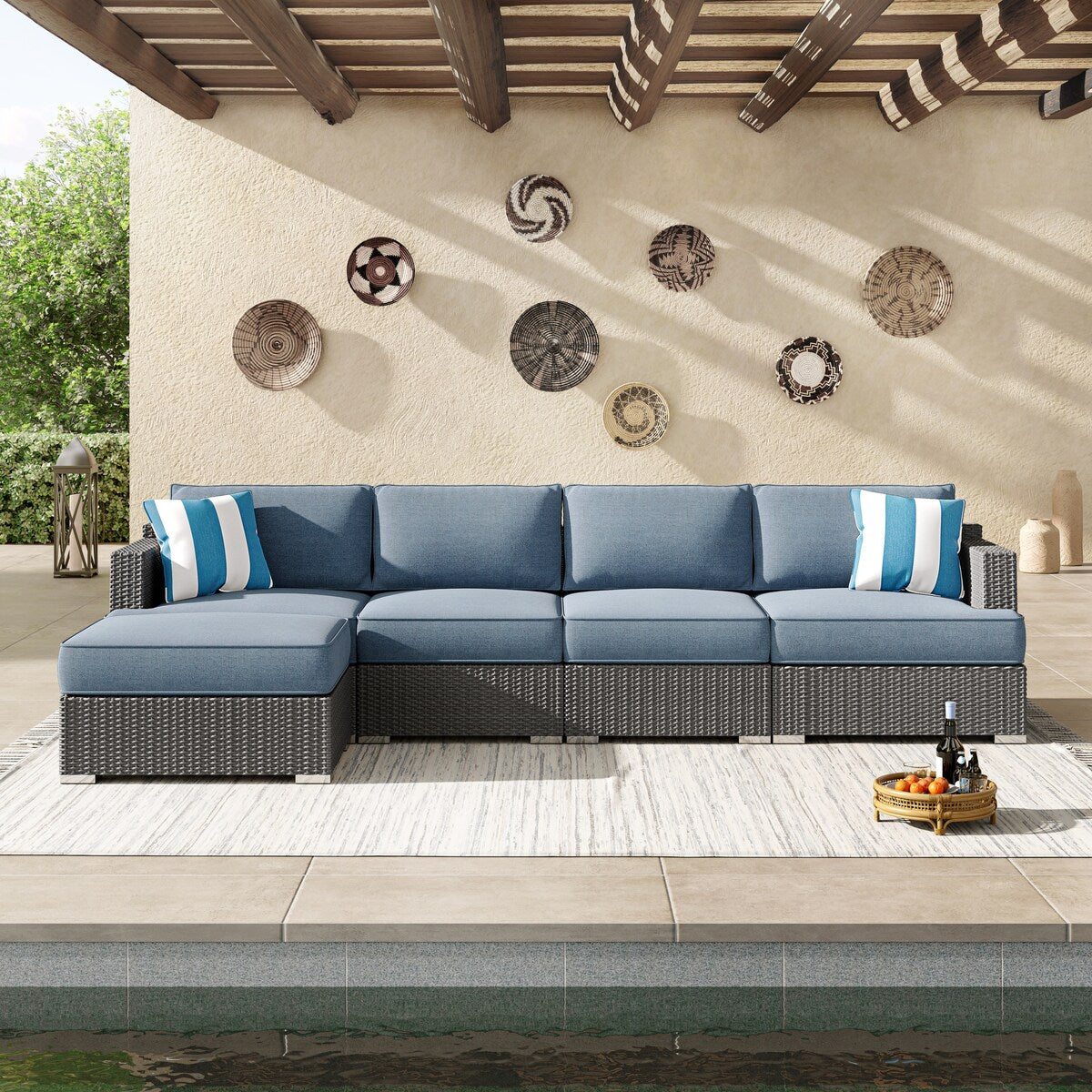Ensemble de salon de jardin Corvus Ancud en osier 5 pièces avec coussins et oreillers Sunbrella