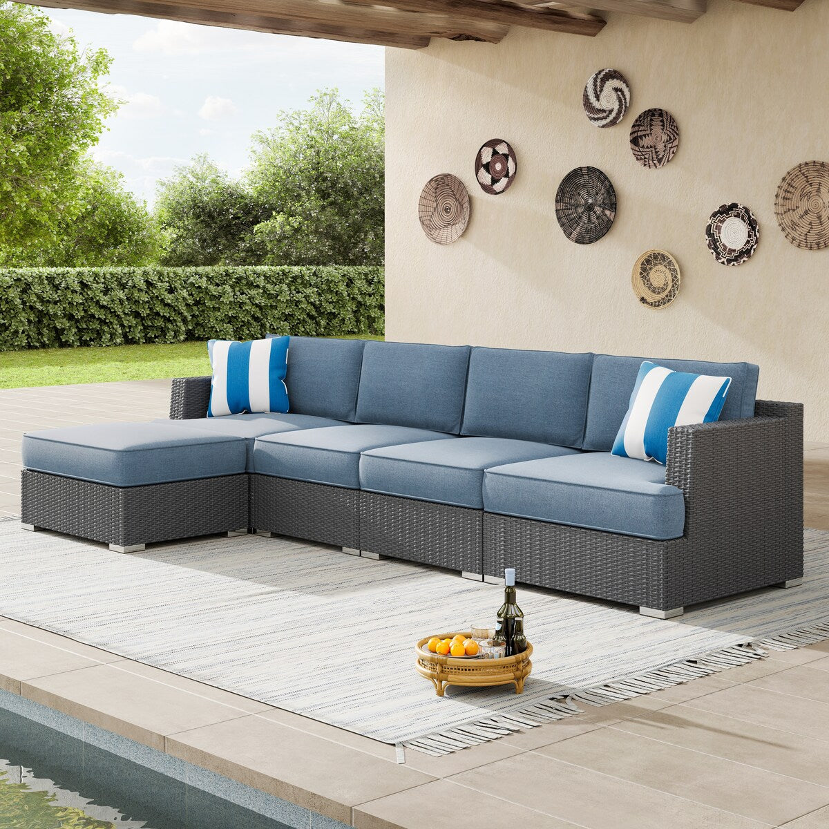 Ensemble de salon de jardin Corvus Ancud en osier 5 pièces avec coussins et oreillers Sunbrella
