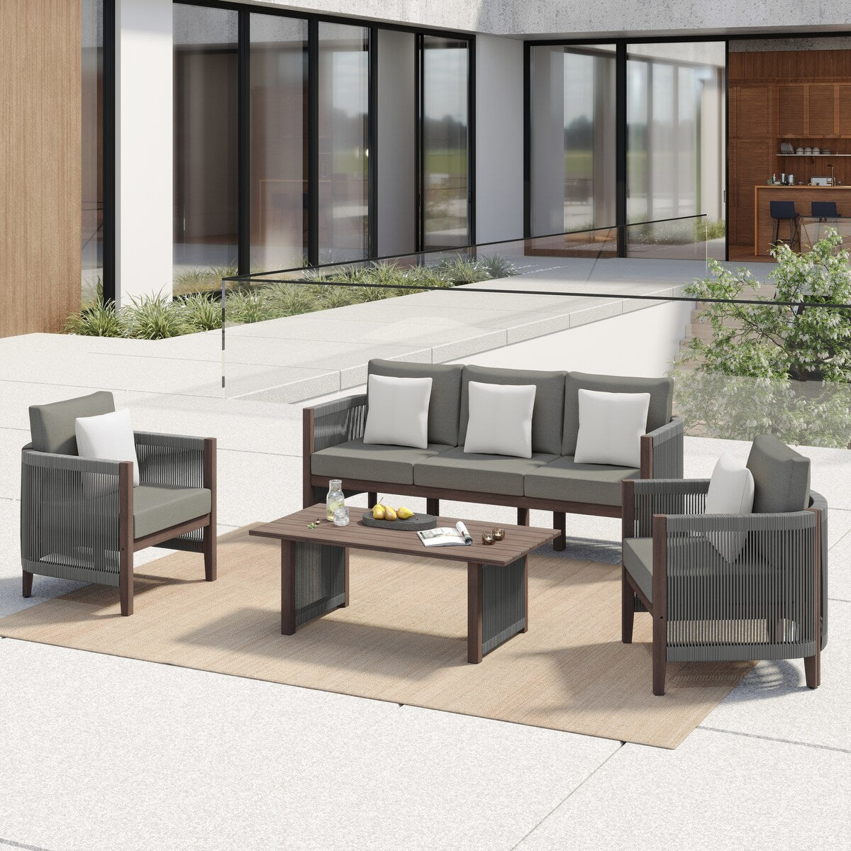 Ensemble de canapés de patio Corvus Iona 4 pièces en bois d'eucalyptus et corde avec tissu Sunbrella