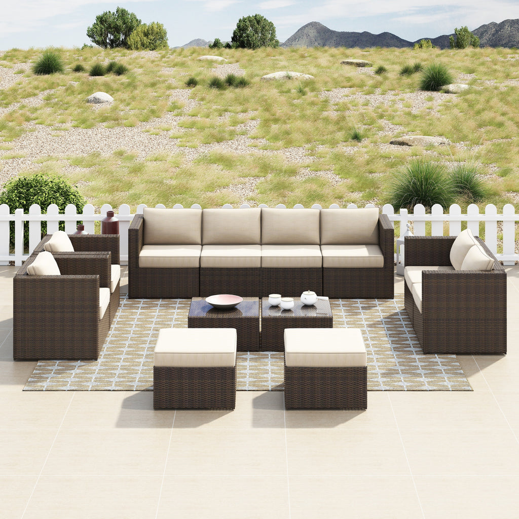 Ensemble de 12 meubles de patio sectionnels en osier brun Corvus Trey