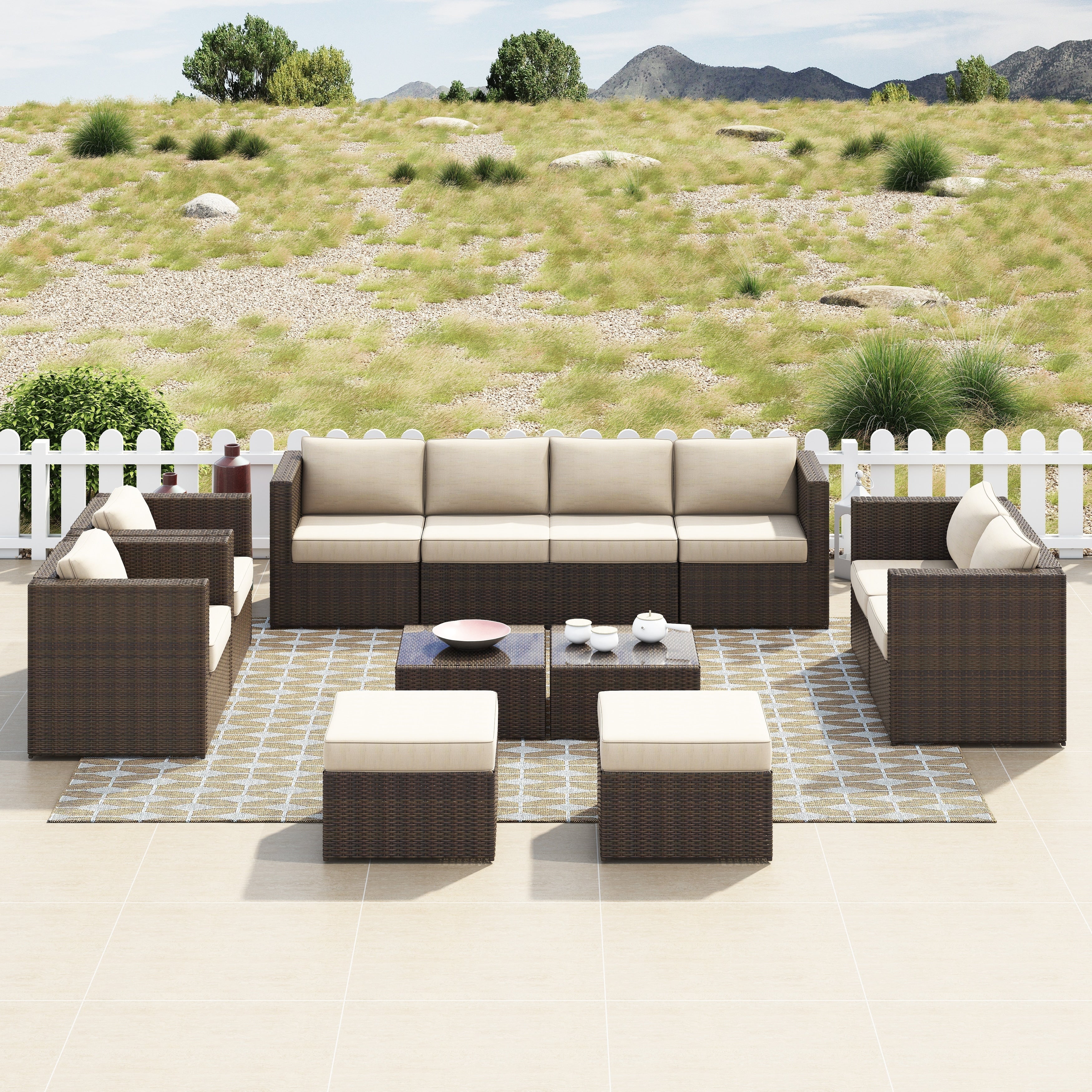 Ensemble de 12 meubles de patio sectionnels en osier brun Corvus Trey