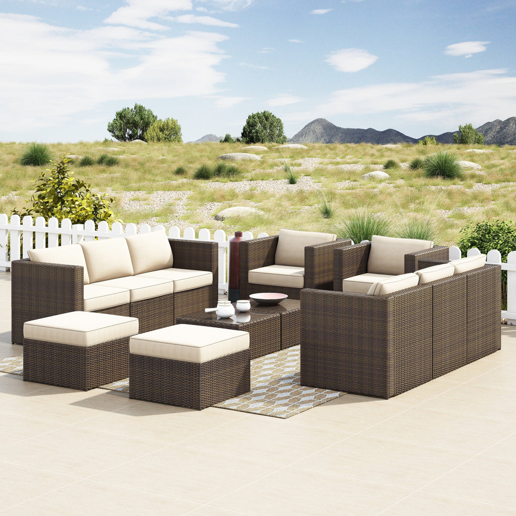 Ensemble de 12 meubles de patio sectionnels en osier brun Corvus Trey