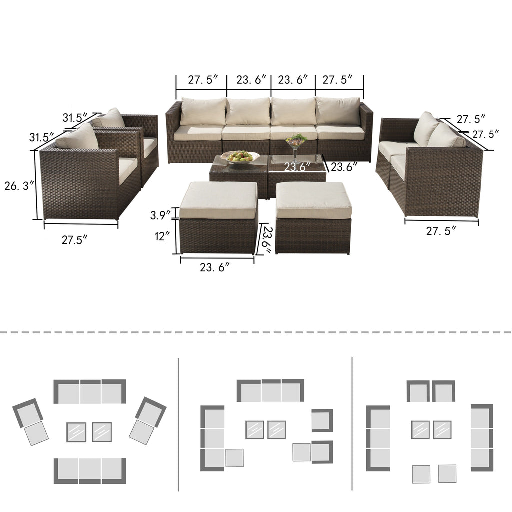 Ensemble de 12 meubles de patio sectionnels en osier brun Corvus Trey