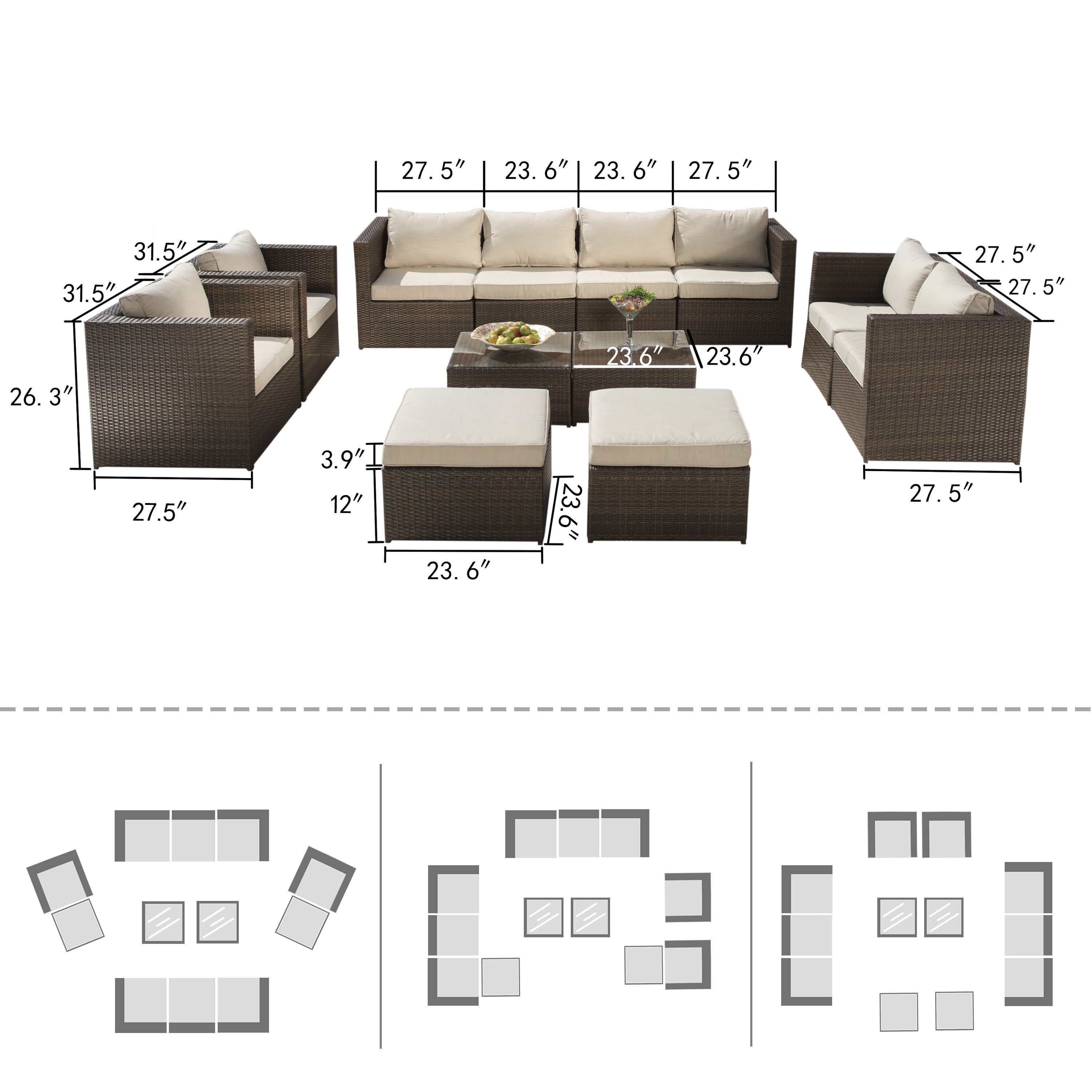 Ensemble de 12 meubles de patio sectionnels en osier brun Corvus Trey