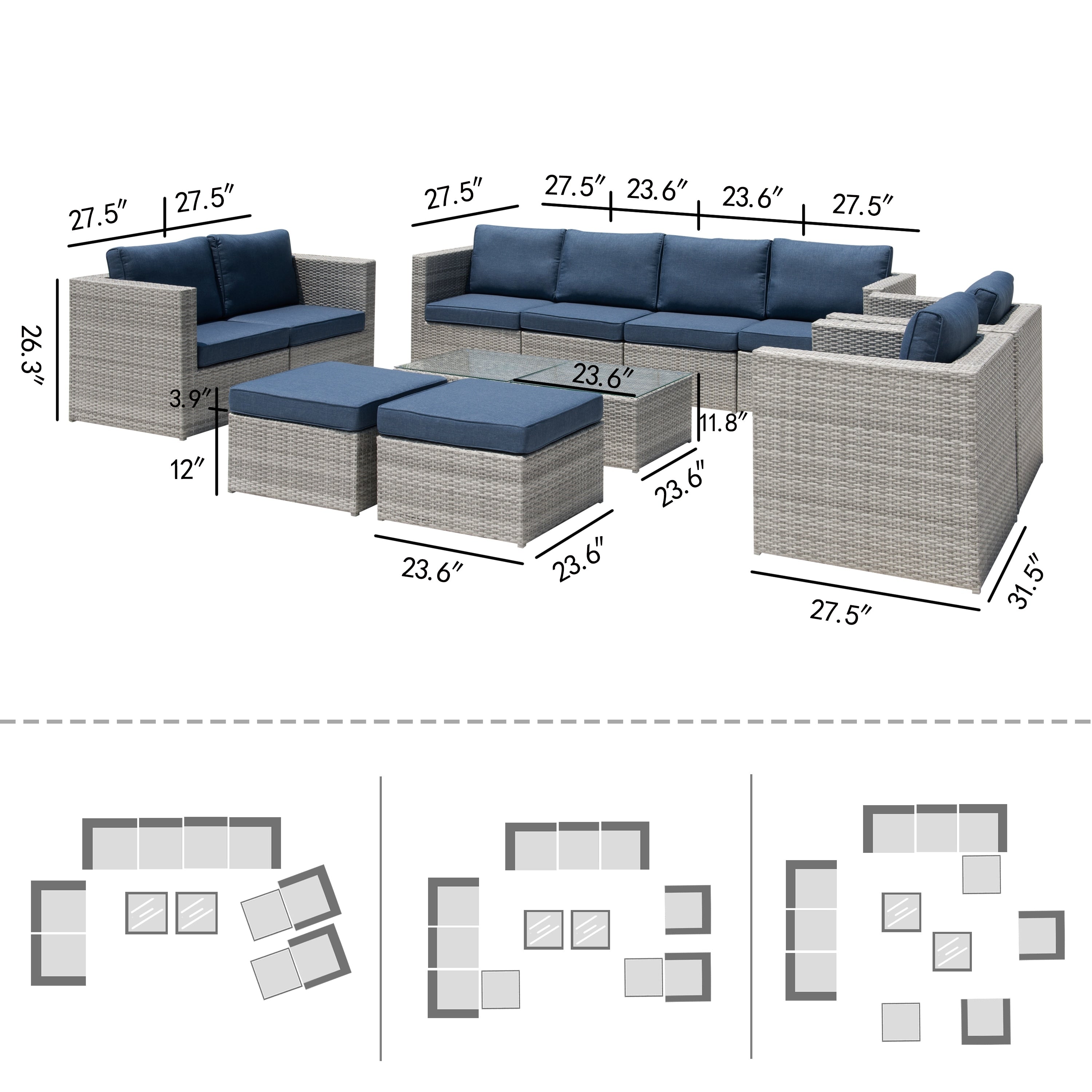 Ensemble de canapés de patio sectionnels en osier Corvus Trey 12 pièces