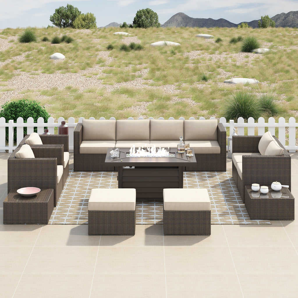 Ensemble de meubles de patio sectionnels en osier tressé Corvus Trey 13 pièces avec table à feu
