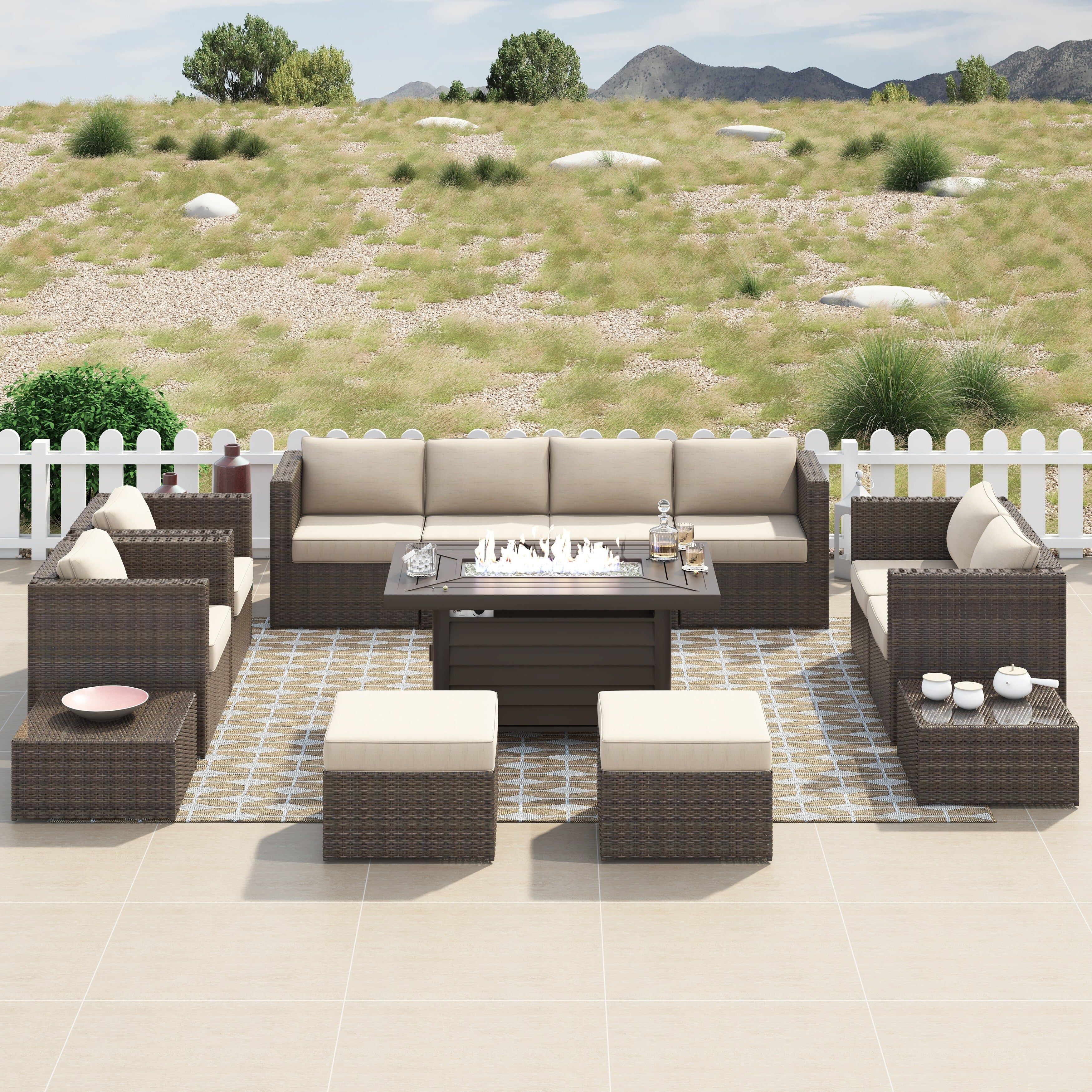 Ensemble de meubles de patio sectionnels en osier tressé Corvus Trey 13 pièces avec table à feu