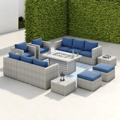Ensemble de meubles de patio sectionnels en osier tressé Corvus Trey 13 pièces avec table à feu