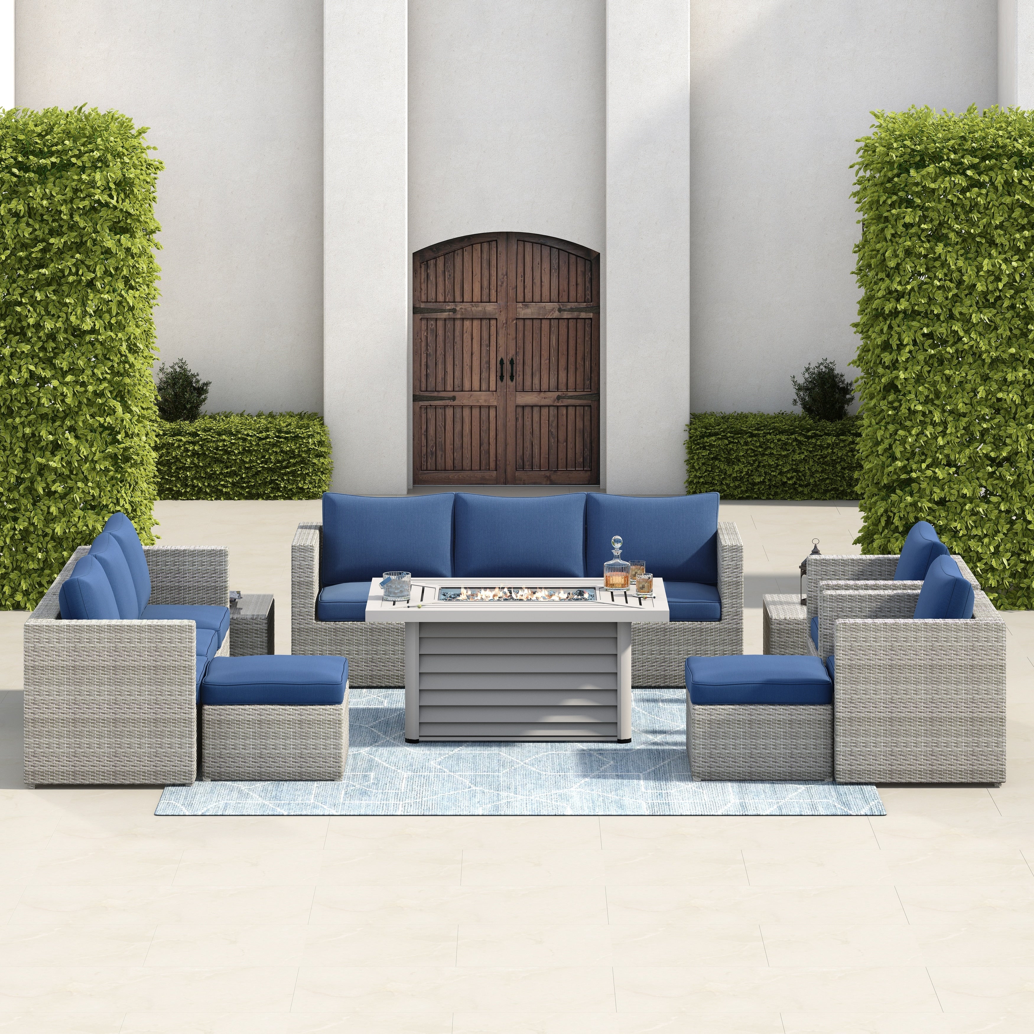 Ensemble de meubles de patio sectionnels en osier tressé Corvus Trey 13 pièces avec table à feu