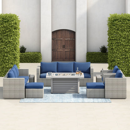 Ensemble de meubles de patio sectionnels en osier tressé Corvus Trey 13 pièces avec table à feu