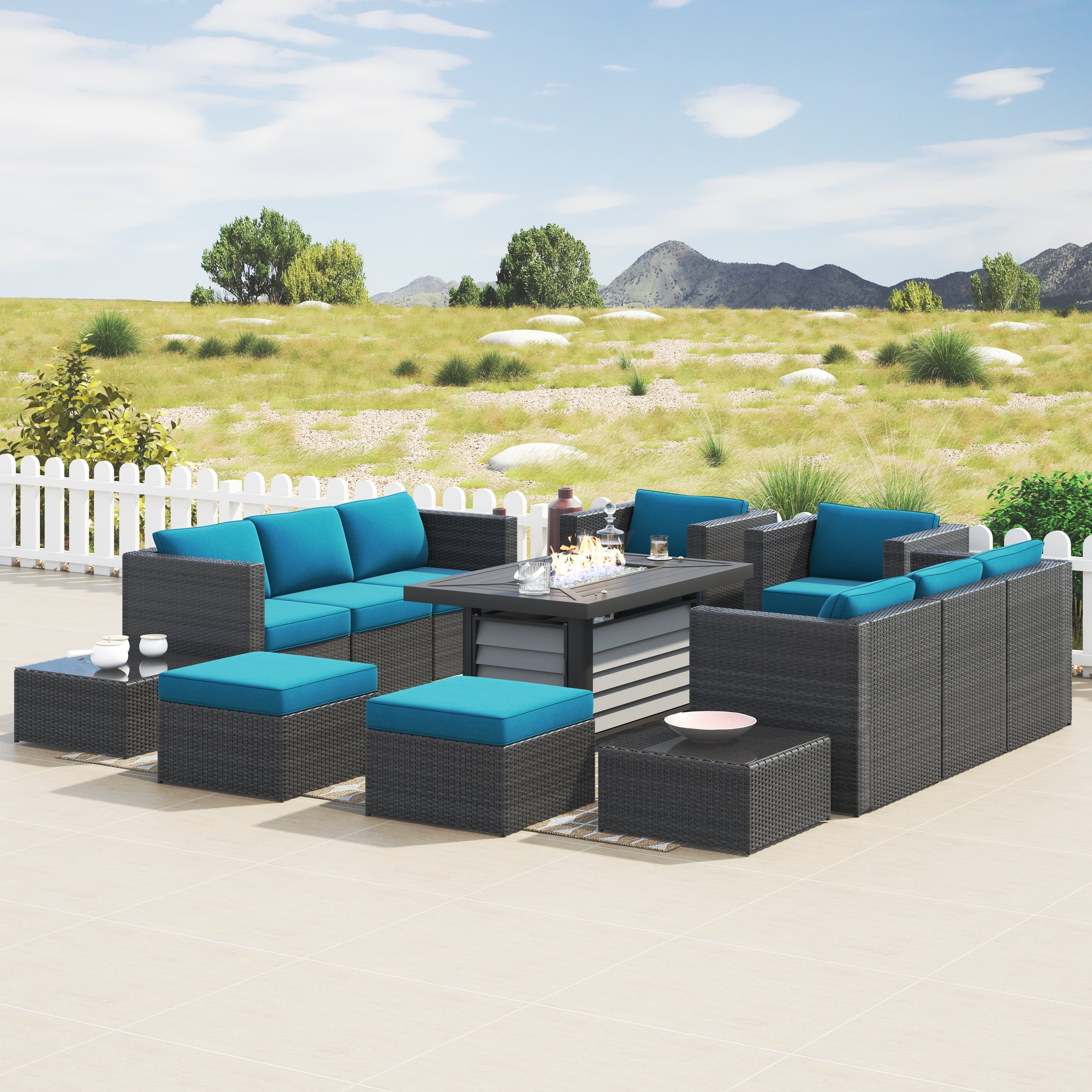Ensemble de meubles de patio sectionnels en osier tressé Corvus Trey 13 pièces avec table à feu
