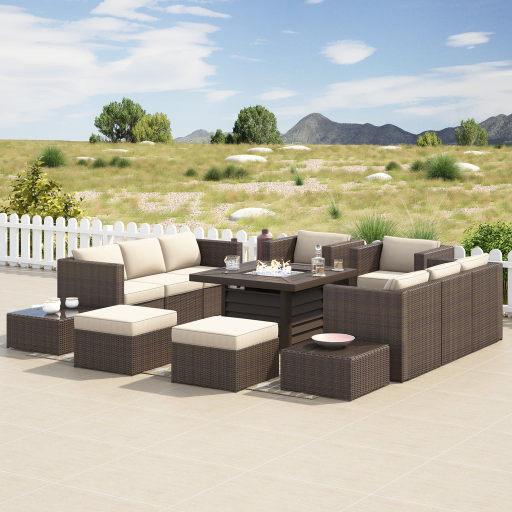 Ensemble de meubles de patio sectionnels en osier tressé Corvus Trey 13 pièces avec table à feu