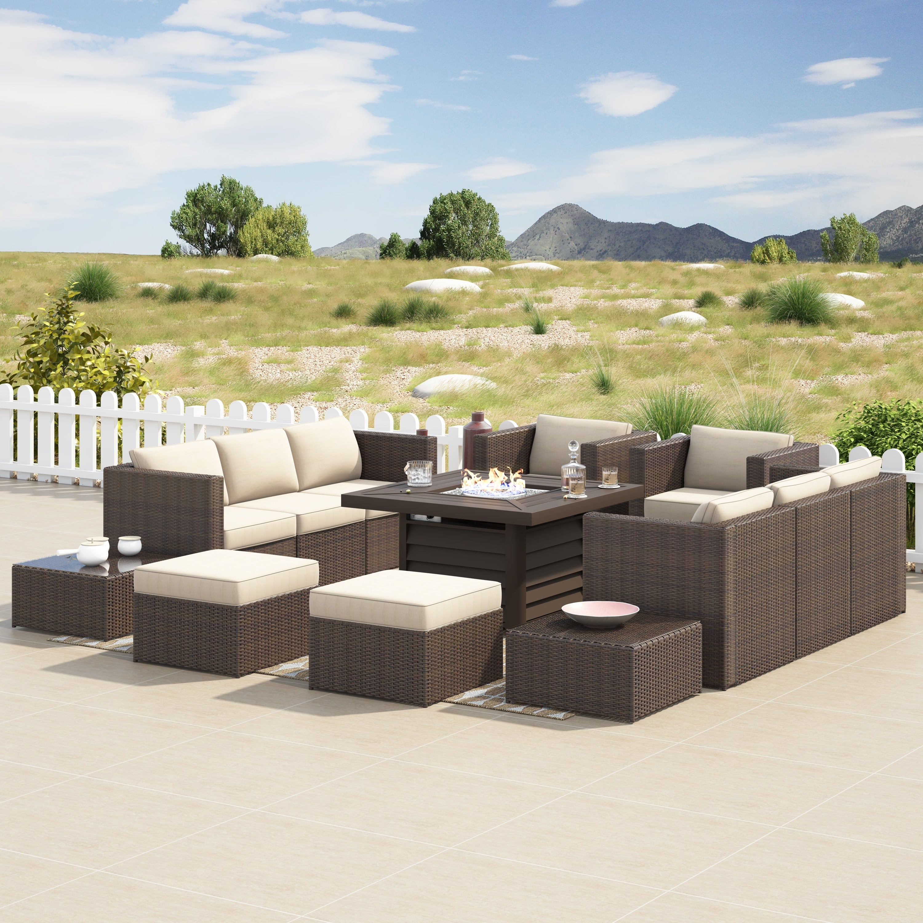 Ensemble de meubles de patio sectionnels en osier tressé Corvus Trey 13 pièces avec table à feu