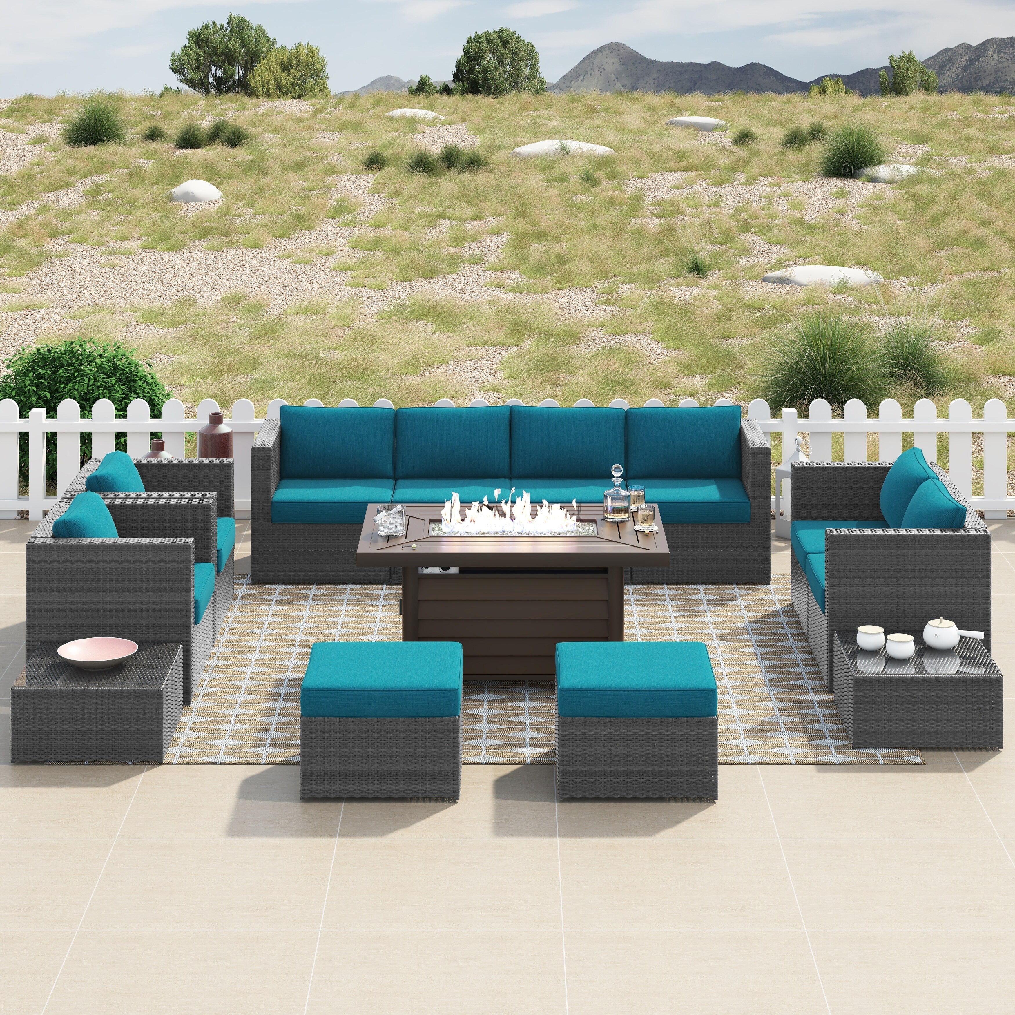 Ensemble de meubles de patio sectionnels en osier tressé Corvus Trey 13 pièces avec table à feu