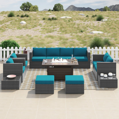 Ensemble de meubles de patio sectionnels en osier tressé Corvus Trey 13 pièces avec table à feu