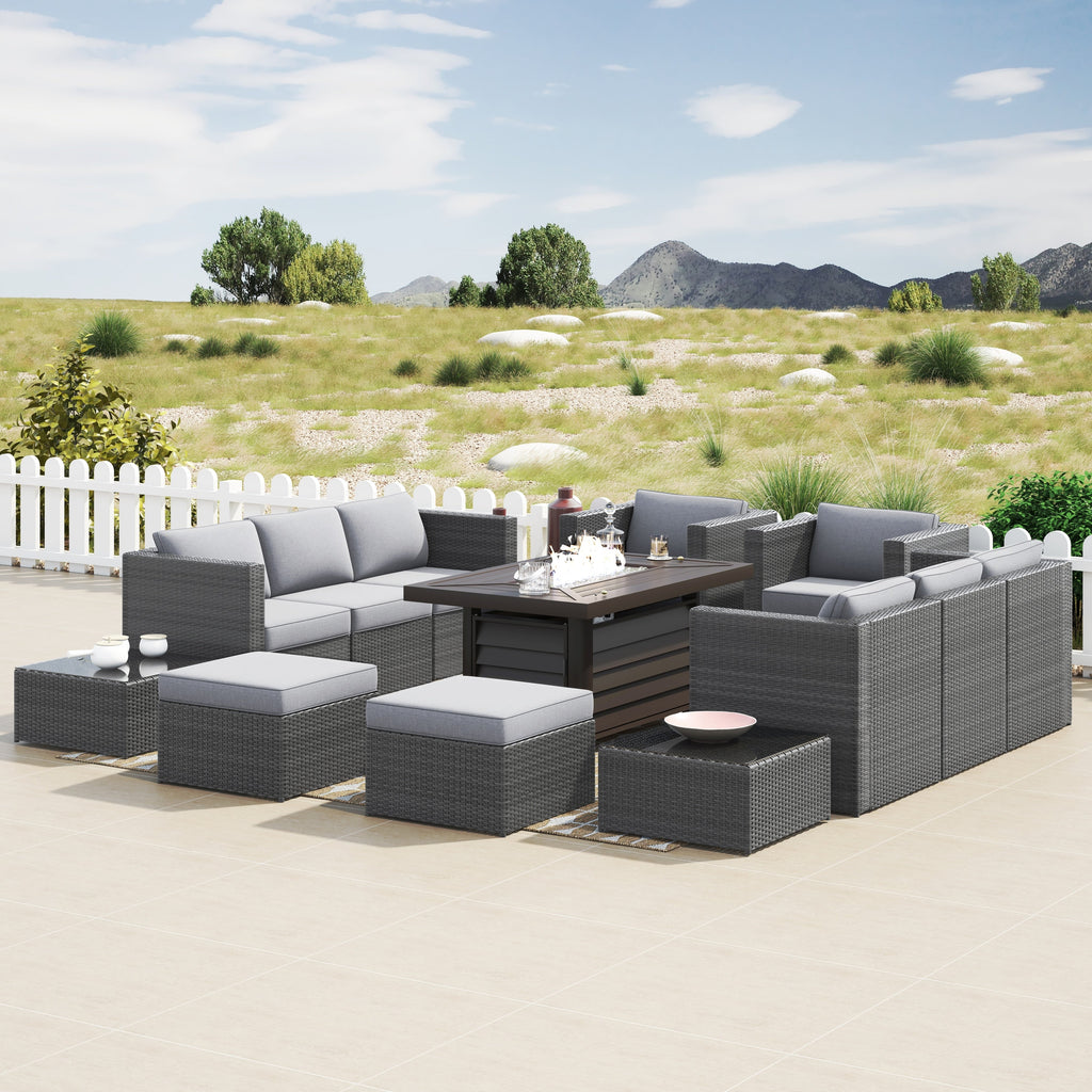 Ensemble de meubles de patio sectionnels en osier tressé Corvus Trey 13 pièces avec table à feu